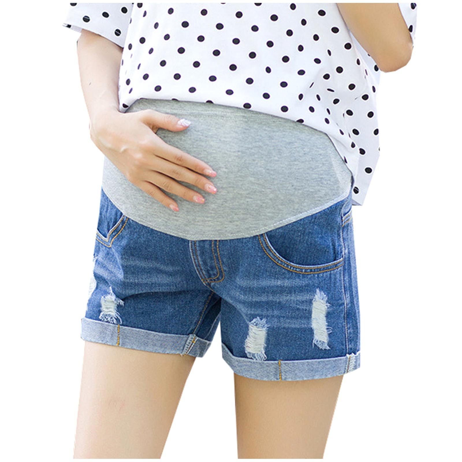Women's Maternity Jean Shorts High Waist Distressed Cuffed Hem Ripped Denim Shorts Summer Casual Loose Short Pants with Pants